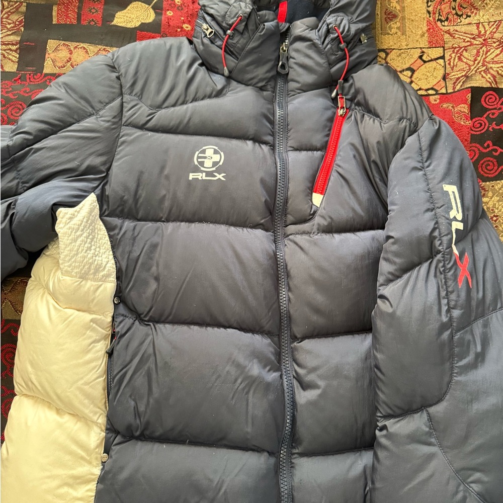 RLX Ralph Lauren Navy/Cream Dual-Zip Detachable Hood Puffer Down Jacket